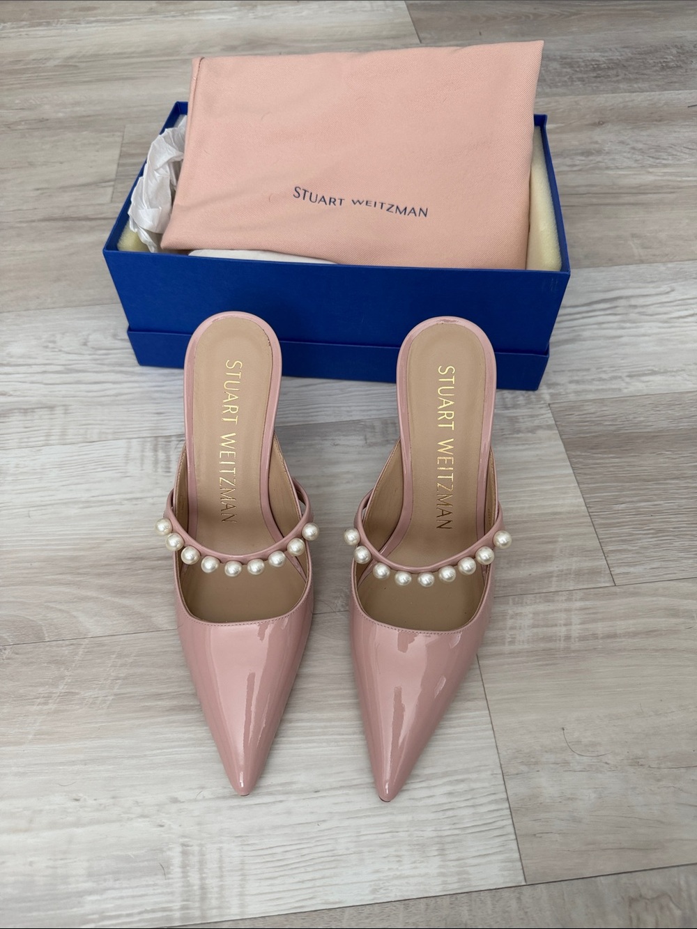 Stuart Weitzman Pink Pearl-Embellished Patent Pointed Mules